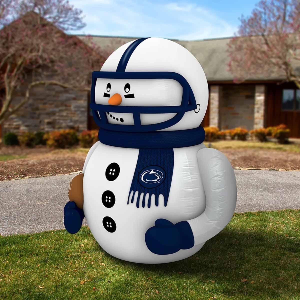 inflatable Penn State football player snowman in yard